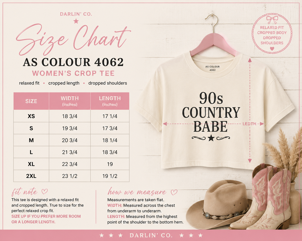 A size chart graphic for a Darlin' Co. women's crop tee in color 4062, showing a size table on the left and a mockup of the t-shirt on the right with measurement guides and decorative props.