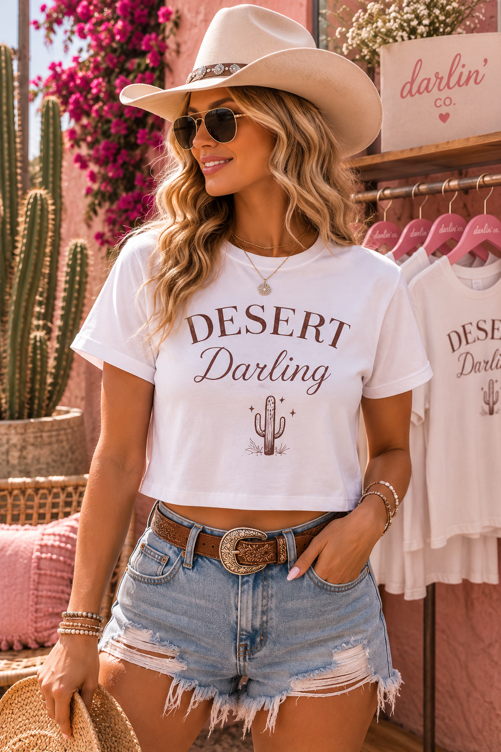 A woman wearing a white cropped graphic t-shirt with 'DESERT Darling' printed in brown, styled with a beige cowboy hat, sunglasses, denim shorts, and a brown belt in a desert-themed boutique setting.
