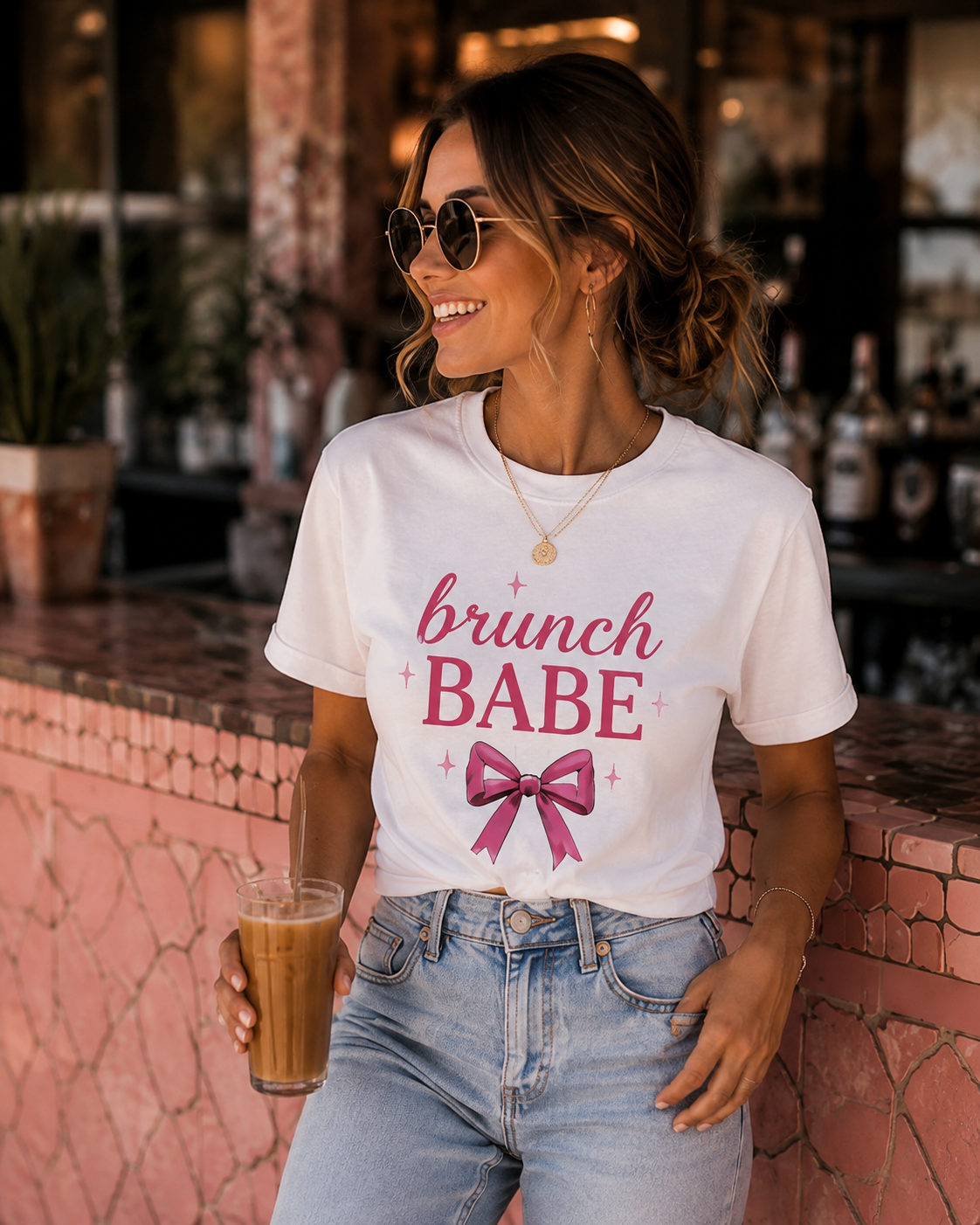 A woman wearing a white Brunch Babe graphic T-shirt with a pink bow design, paired with light blue jeans and holding an iced coffee in a cafe setting.
