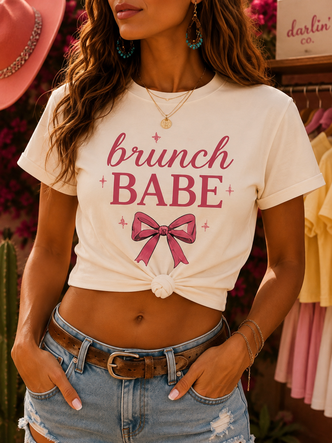 A woman wearing a cream-colored graphic t-shirt with 'brunch BABE' and a pink bow design, styled with distressed denim shorts and a brown belt in a boutique setting.
