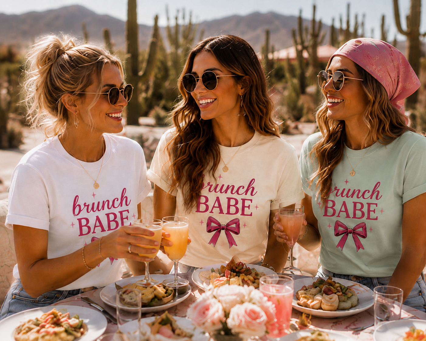 Three women sitting at a table outdoors in a desert setting, wearing matching Brunch Babe graphic T-shirts with a pink bow illustration. The shirts are white, cream, and light mint green, with saguaro cacti and mountains in the background.