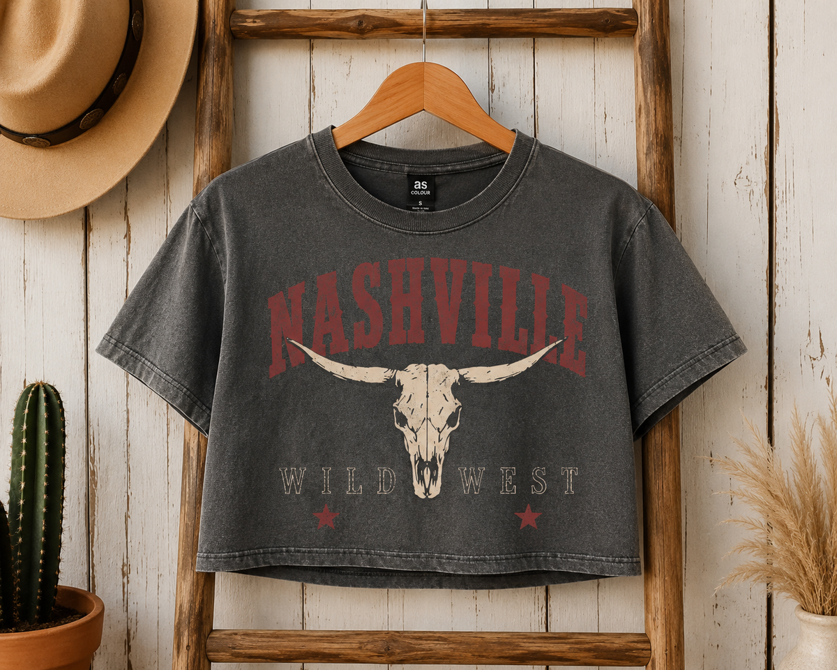 Nashville Wild West women’s boxy crop tee in Grey Stone