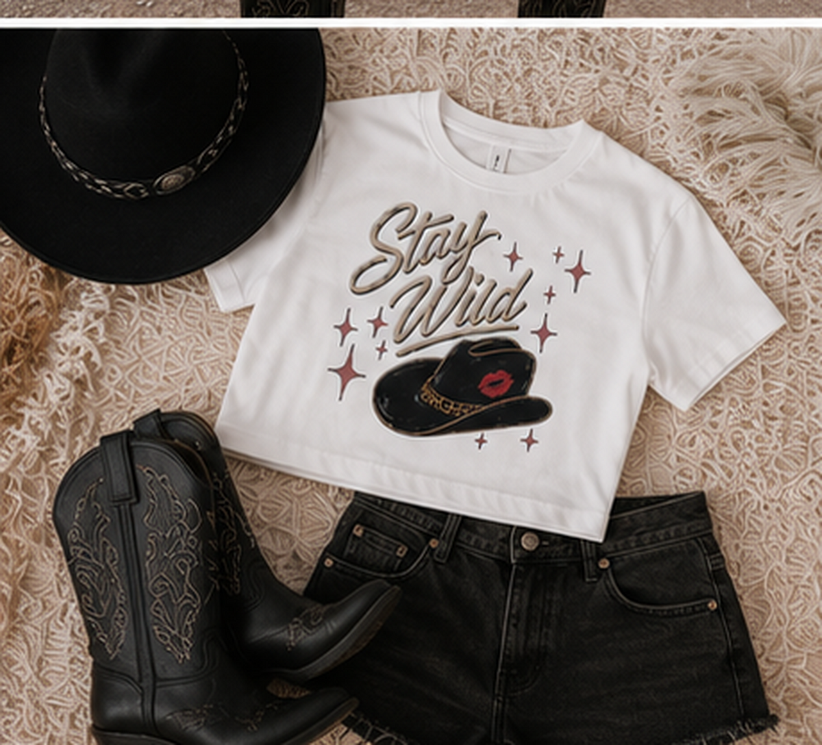 Styled flat lay of white Stay Wild graphic crop tee with cowboy hat illustration, black denim shorts, cowboy boots, and black hat.