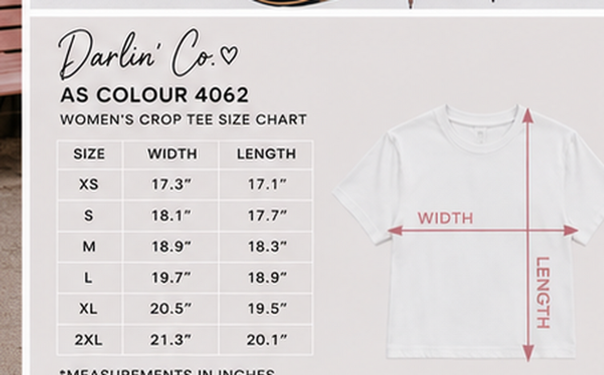 Size chart for Darlin’ Co. Women’s Crop Tee 4062, showing sizes XS–2XL with width and length measurements alongside a cropped T-shirt measurement diagram.