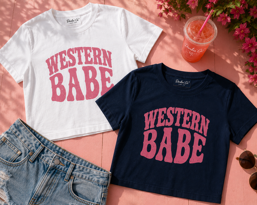 White and navy Western Babe crop tees with pink western graphic