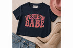 Navy Western Babe crop tee with pink western graphic styled with cowboy boots and denim