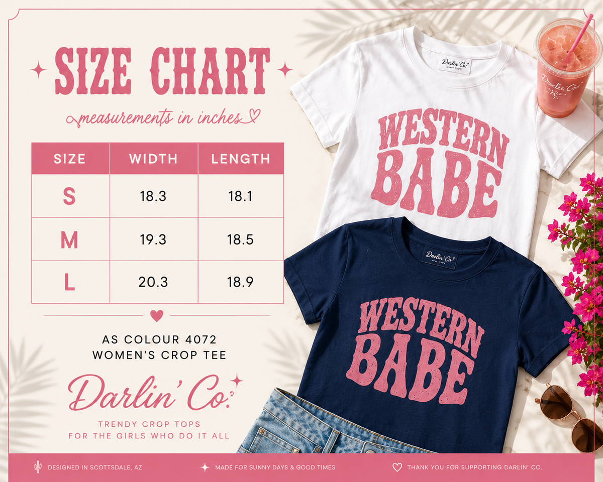 Western Babe crop tee size chart for women