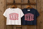 White and navy Western Babe crop tees displayed on hangers
