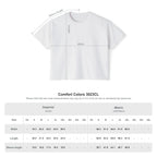 White t-shirt with measurement lines and size chart on a white background