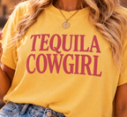 Close-up of the Tequila Cowgirl boxy tee showing the pink Western graphic