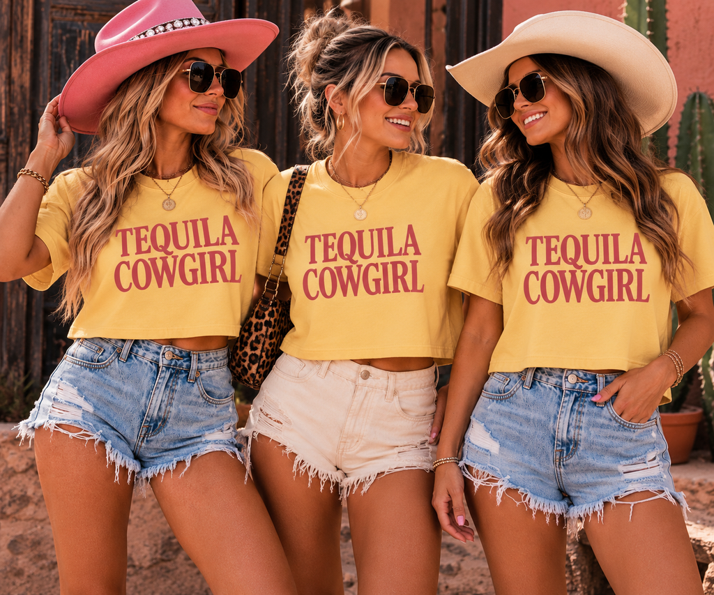 Three women wearing Tequila Cowgirl boxy tees styled with denim shorts and cowboy hats