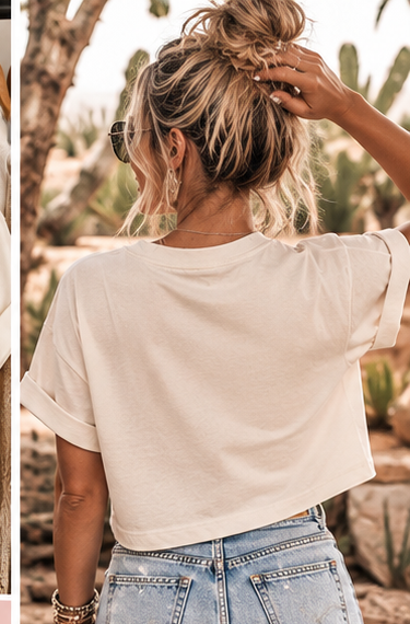 Back view of woman wearing the Scottsdale Blonde crop tee with denim shorts
