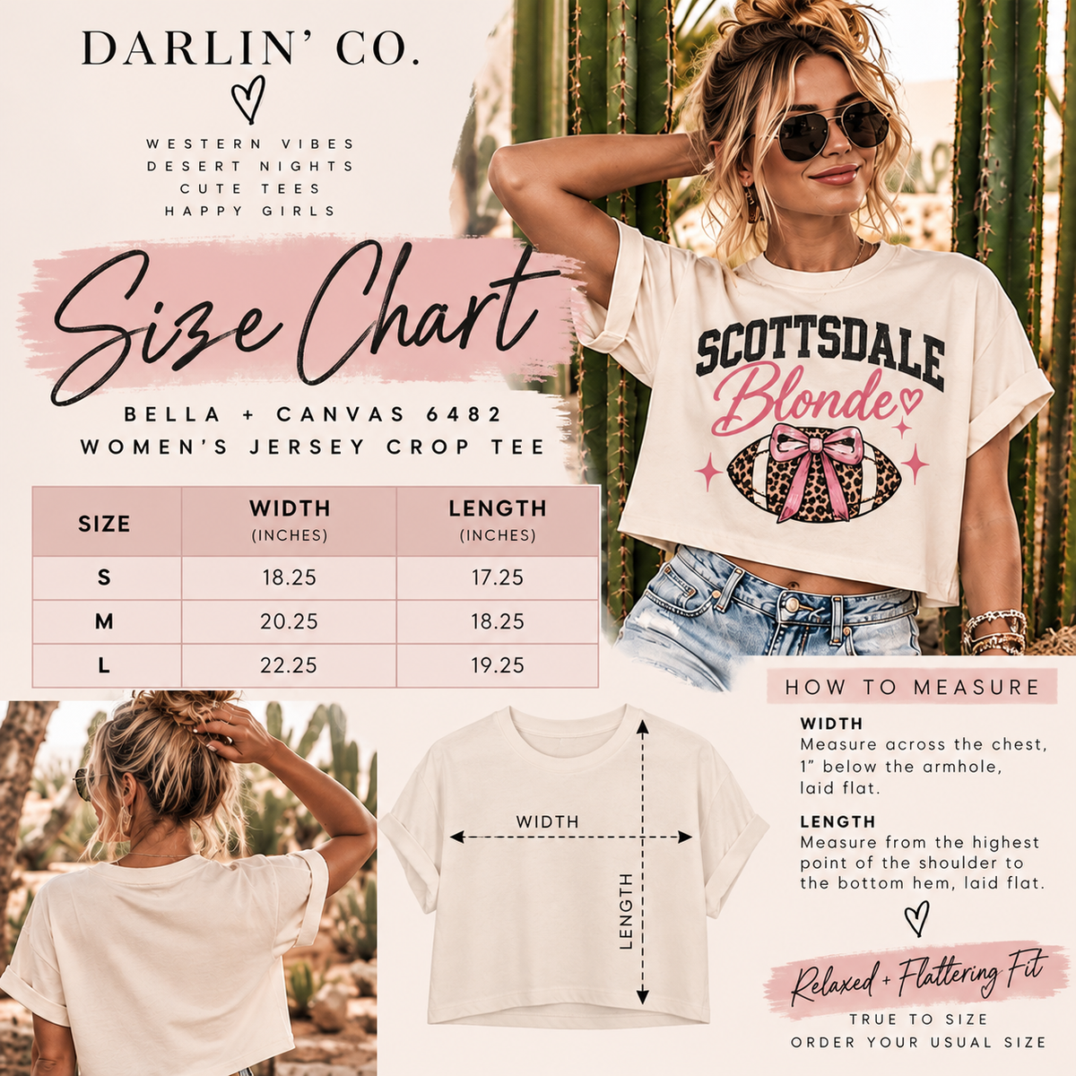 Scottsdale Blonde crop tee size chart and fit guide