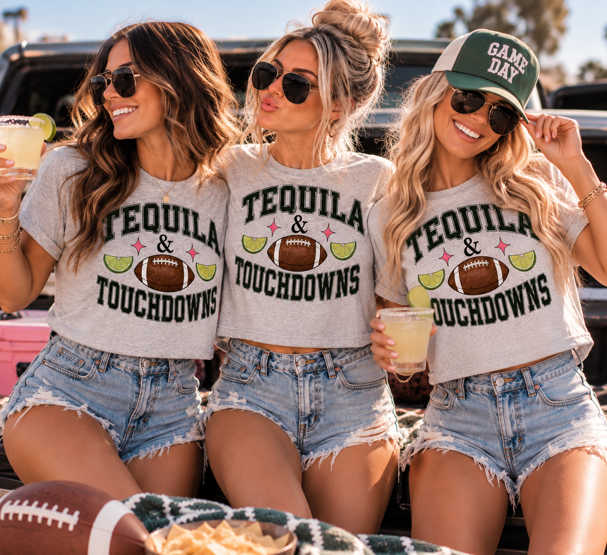 Three women wearing Tequila & Touchdowns crop tees styled for game day