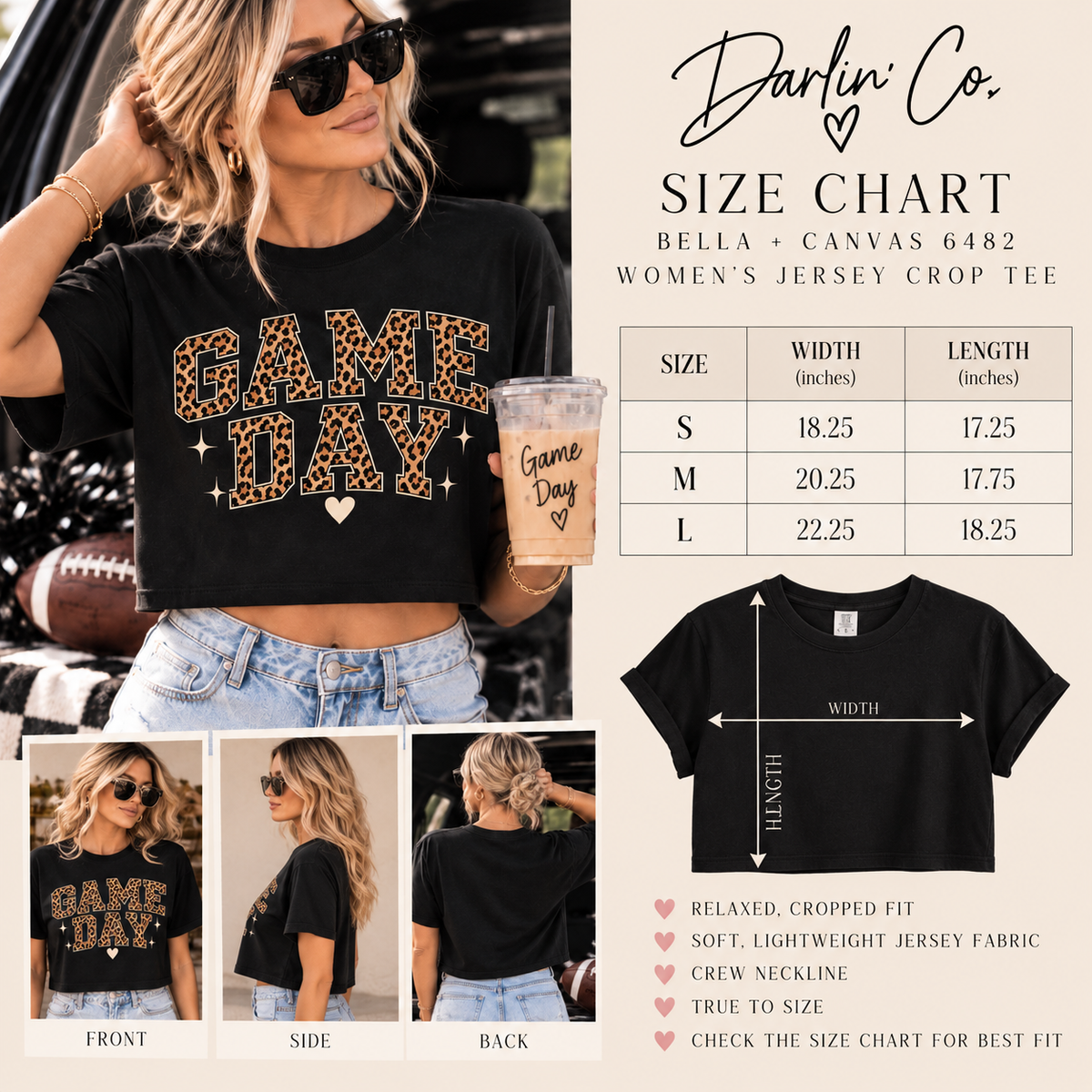 Game Day crop tee size chart and fit guide