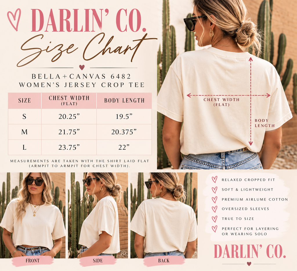 Howdy Darlin’ crop tee size chart for Bella+Canvas women’s jersey crop tee
