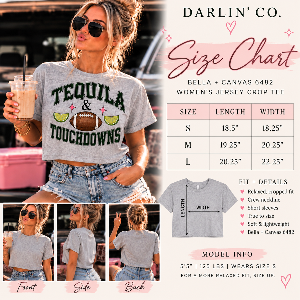 Tequila & Touchdowns crop tee size chart and fit guide
