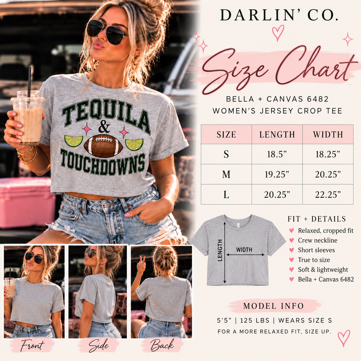 Tequila & Touchdowns crop tee size chart and fit guide