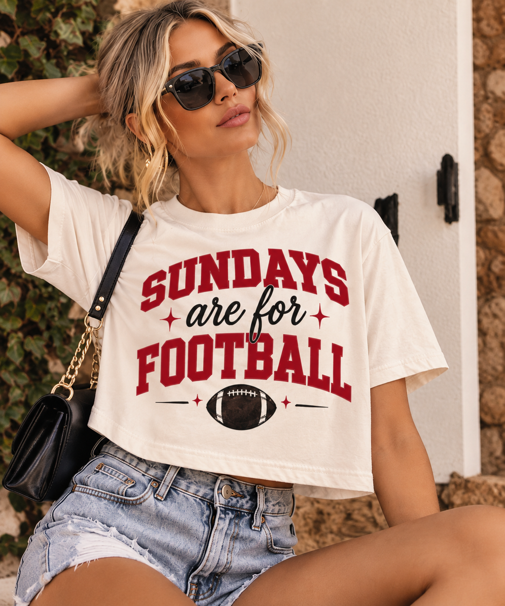 Woman wearing the Sundays Are for Football crop tee with denim shorts