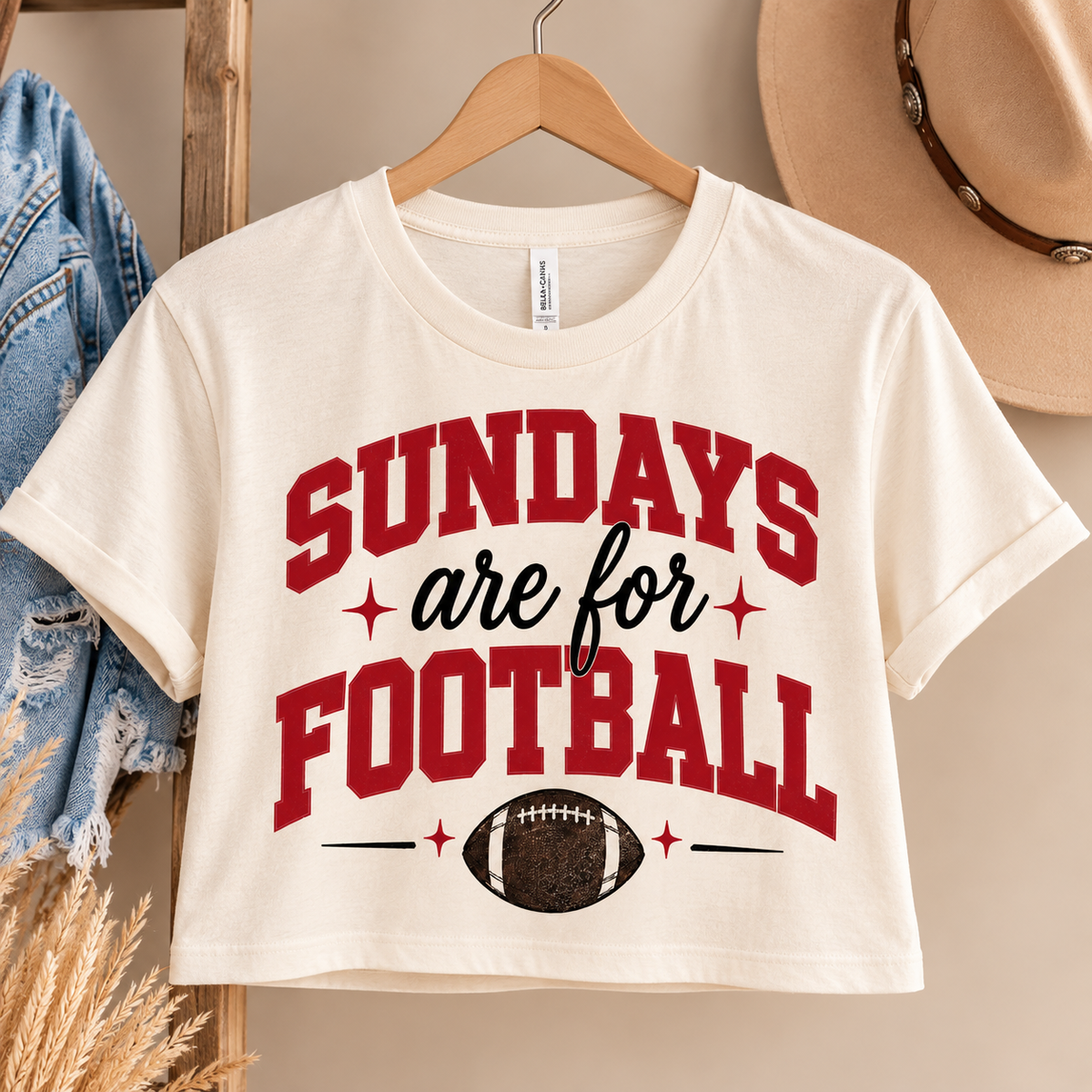 Sundays Are for Football crop tee displayed on a wooden hanger