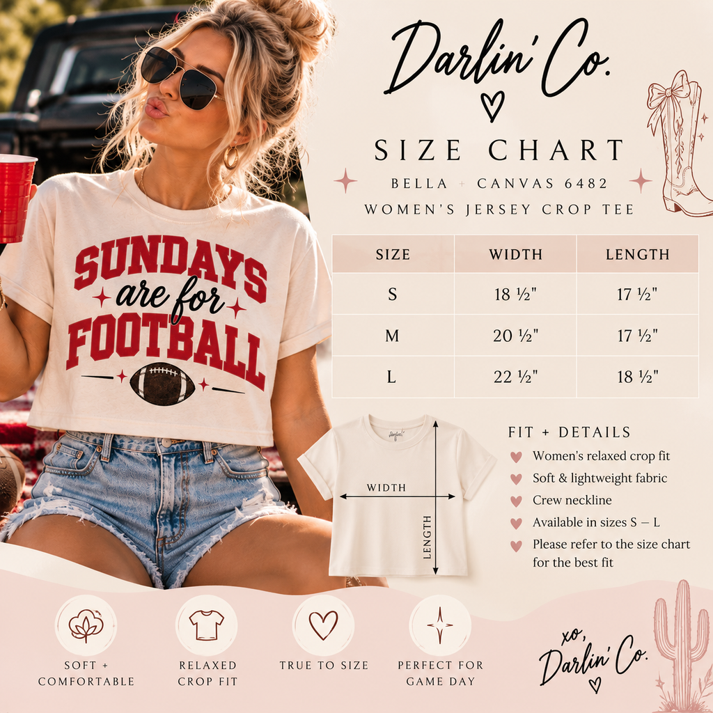 Sundays Are for Football crop tee size chart and fit guide